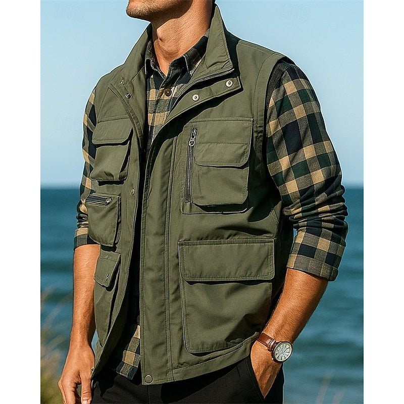 Kessoro men's rugged multi-pocket utility vest in black, army green, khaki and navy, view 4