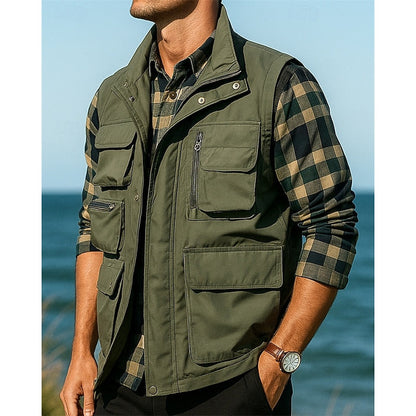 Kessoro men's rugged multi-pocket utility vest in black, army green, khaki and navy, view 4