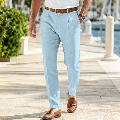 Men's tailored pleated straight-leg trousers in khaki, blue, black and navy, back view
