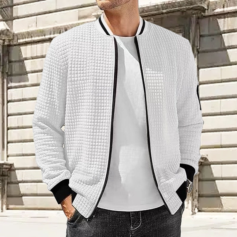 Kessoro Men's Textured Bomber Jacket in white, navy blue and black, image 1 of 3.