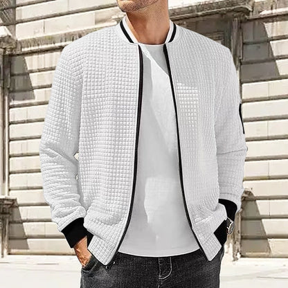 Kessoro Men's Textured Bomber Jacket in white, navy blue and black, image 1 of 3.