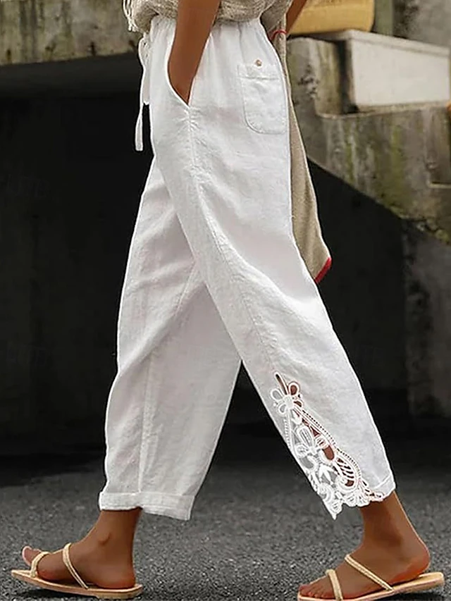 Kessoro Women's relaxed drawstring waist cropped trousers in white, khaki, black and more, view 5