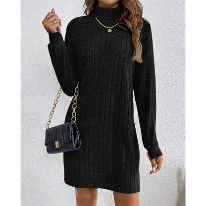 Kessoro women's ribbed roll-neck relaxed knit dress with a soft ribbed texture