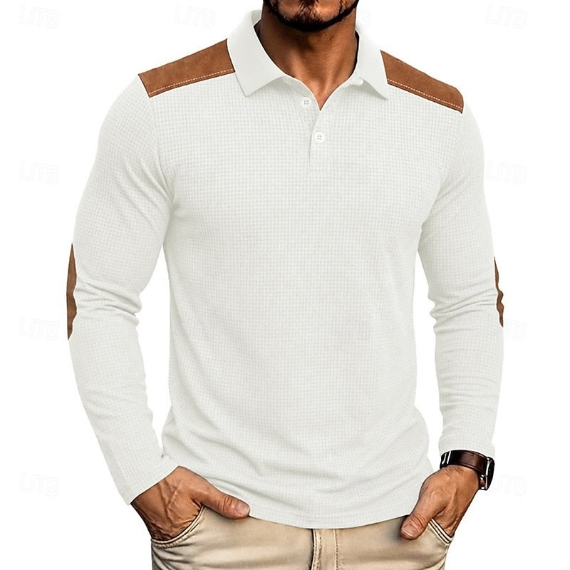 Kessoro men's textured colour-block long-sleeve polo shirt in blue, green, grey and burgundy tones, view 7