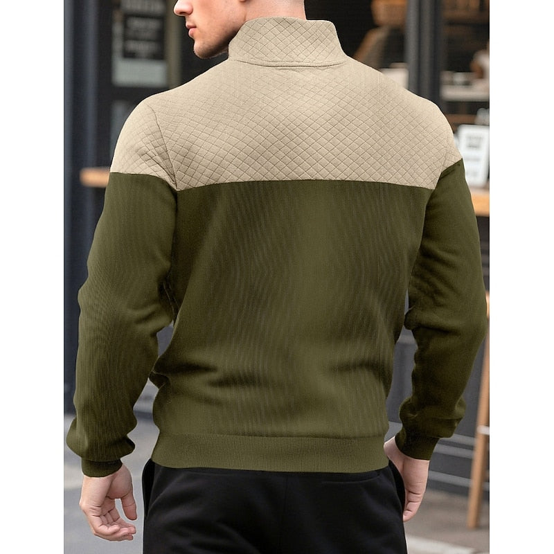Kessoro men's textured quarter-zip color block sweatshirt in grey, army green, navy and khaki