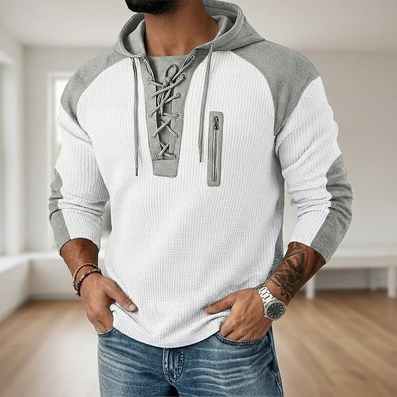 Kessoro men's lace-up textured pullover hoodie in green, light blue, navy and black, view 7