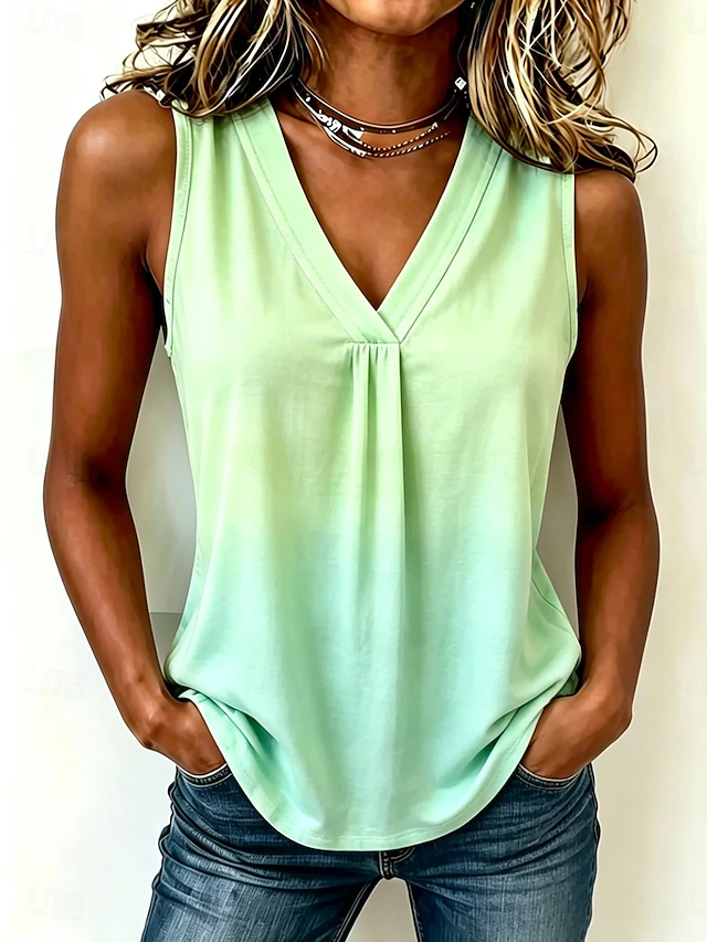 Kessoro Women's draped V-neck sleeveless tank top in yellow, purple, green and more, view 2