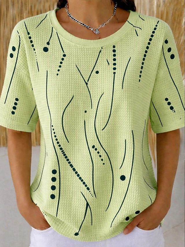 Kessoro Women's waffle textured round neck short-sleeve top in white, green, pink and more, view 3