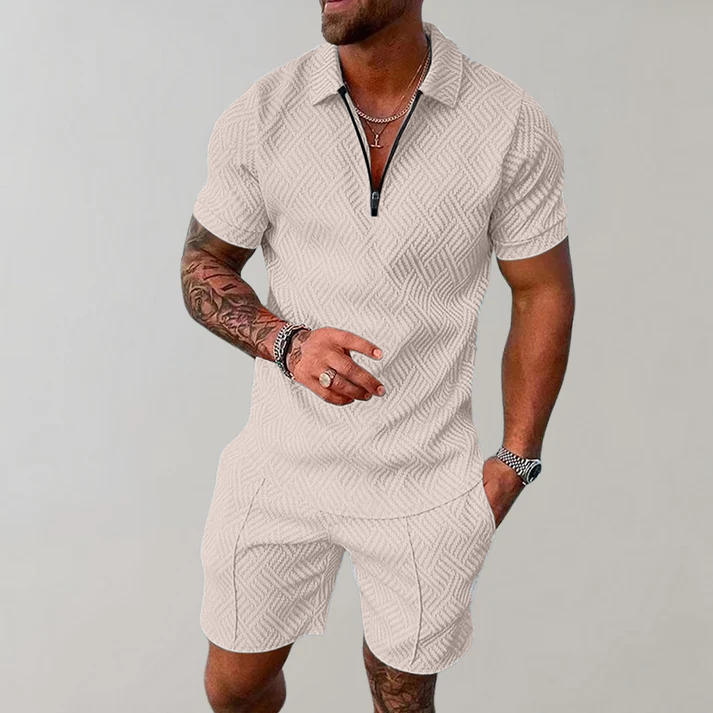 Kessoro men's zip polo and shorts set in black, green, beige, marine blue, red and white colorways - men's outfit sets