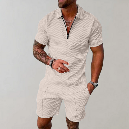 Kessoro men's zip polo and shorts set in black, green, beige, marine blue, red and white colorways - men's outfit sets