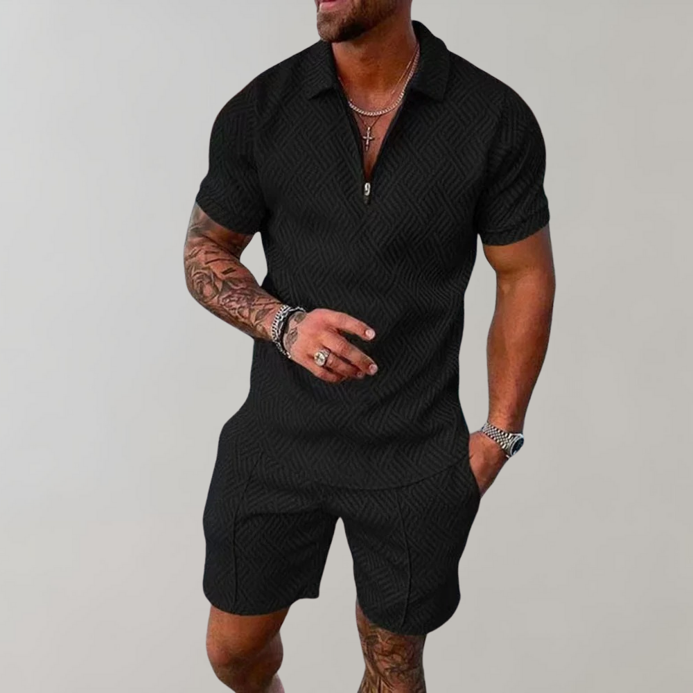 Kessoro men's zip polo and shorts set in black, green, beige, marine blue, red and white colorways - men's outfit sets