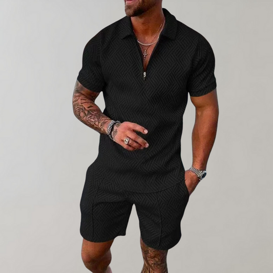 Kessoro men's zip polo and shorts set in black, green, beige, marine blue, red and white colorways - men's outfit sets