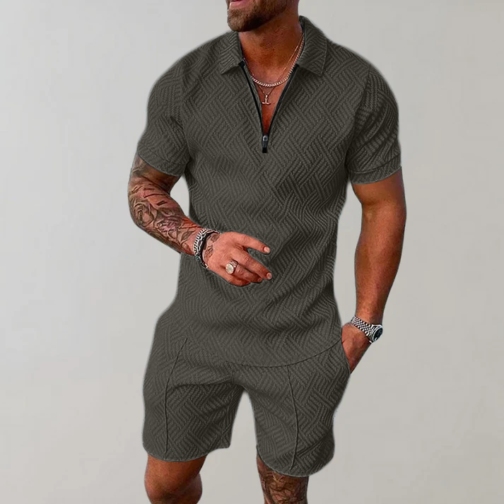 Kessoro men's zip polo and shorts set in black, green, beige, marine blue, red and white colorways - men's outfit sets