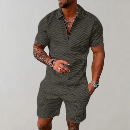 Kessoro men's zip polo and shorts set in black, green, beige, marine blue, red and white colorways - men's outfit sets