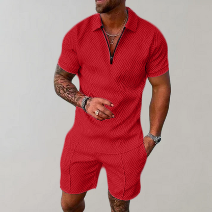 Kessoro men's zip polo and shorts set in black, green, beige, marine blue, red and white colorways - men's outfit sets