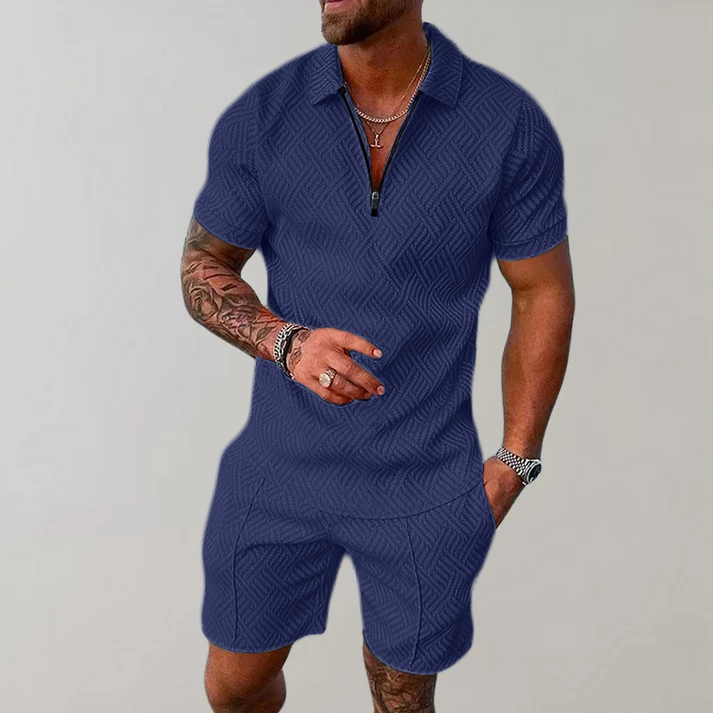 Kessoro men's zip polo and shorts set in black, green, beige, marine blue, red and white colorways - men's outfit sets