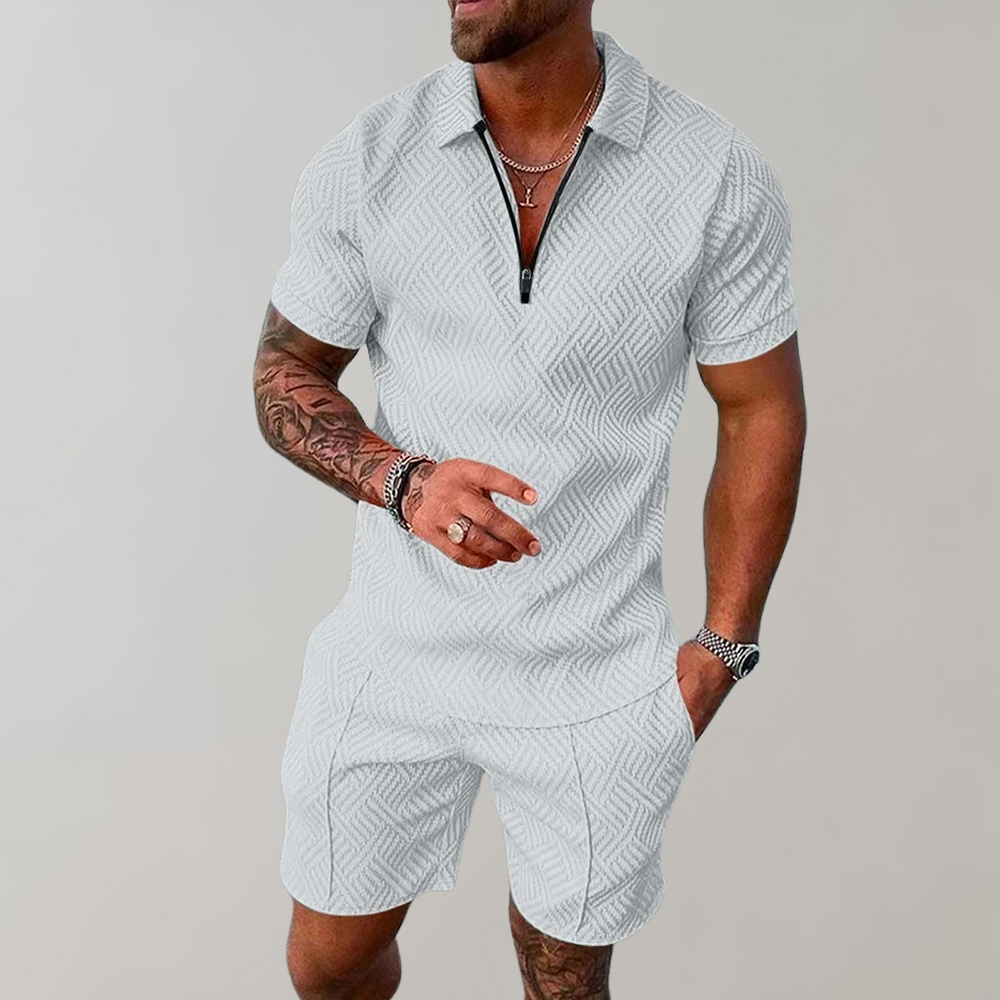 Kessoro men's zip polo and shorts set in black, green, beige, marine blue, red and white colorways - men's outfit sets