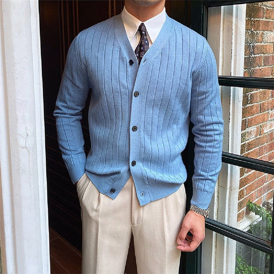 Kessoro men's ribbed V-neck button-front cardigan in blue, black and white - view 1