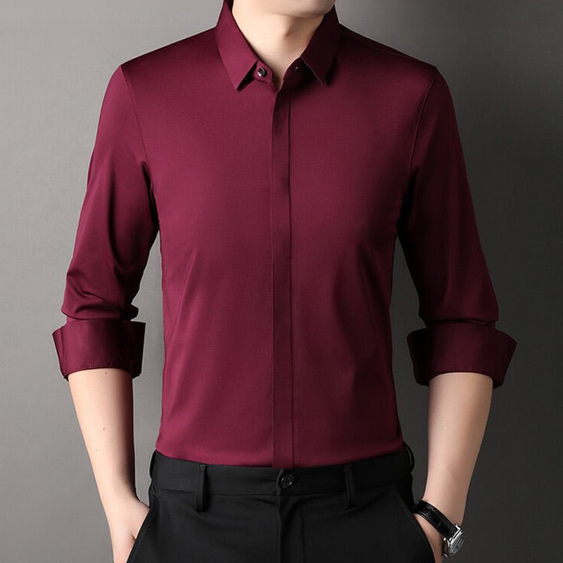 Men's wrinkle-free stretch dress shirt in light blue, white, black, green and dark red