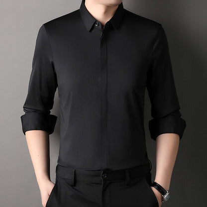 Men's wrinkle-free stretch dress shirt in light blue, white, black, green and dark red