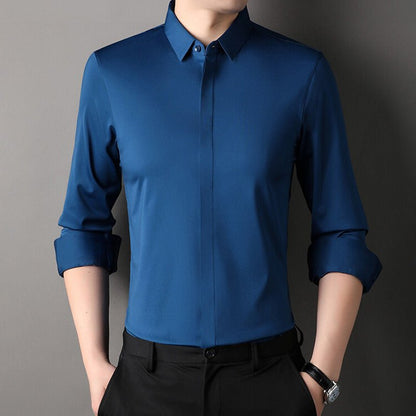 Men's wrinkle-free stretch dress shirt in light blue, white, black, green and dark red