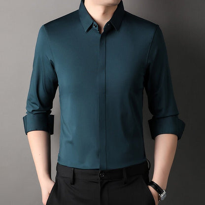 Men's wrinkle-free stretch dress shirt in light blue, white, black, green and dark red
