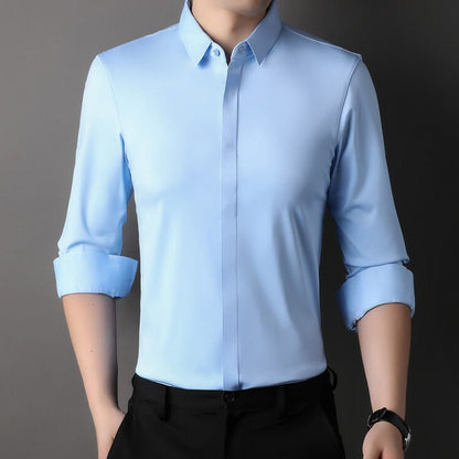 Men's wrinkle-free stretch dress shirt in light blue, white, black, green and dark red