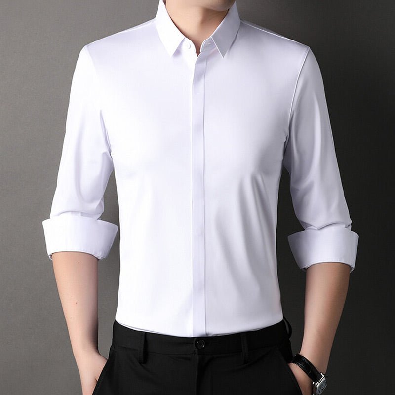 Men's wrinkle-free stretch dress shirt in light blue, white, black, green and dark red