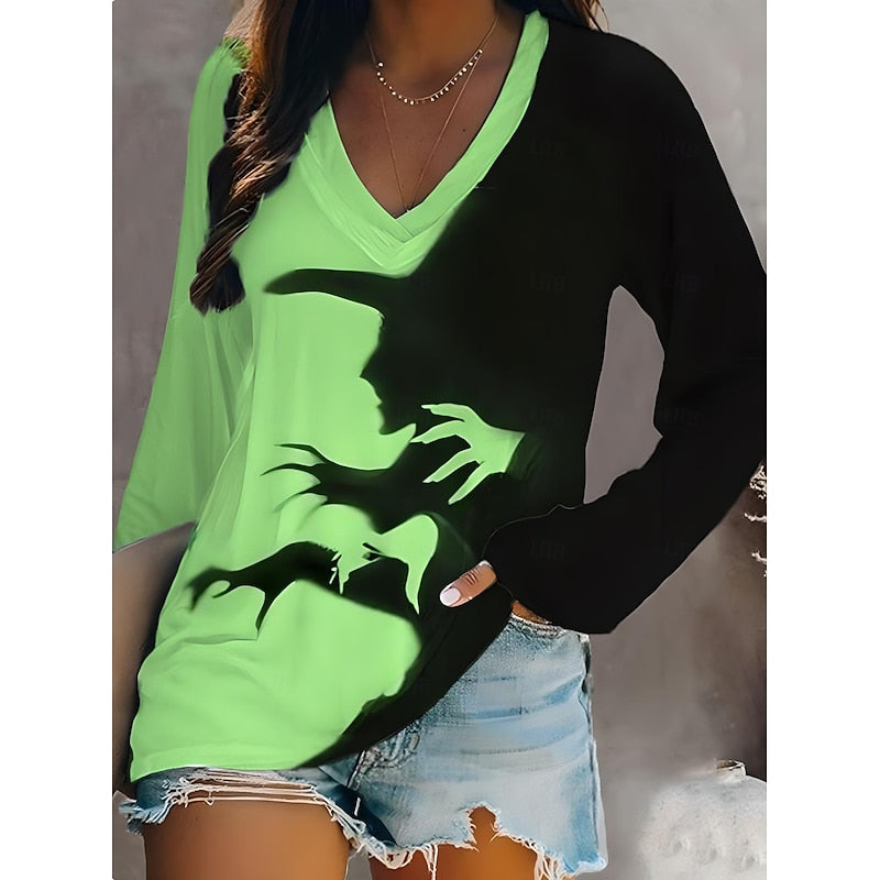 Kessoro Green Halloween graphic V-neck long-sleeve top for women