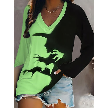 Kessoro Green Halloween graphic V-neck long-sleeve top for women