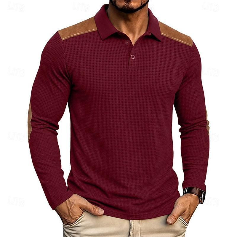 Kessoro men's textured colour-block long-sleeve polo shirt in blue, green, grey and burgundy tones, view 13