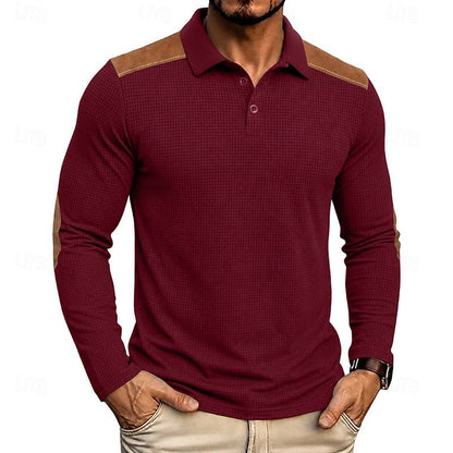 Kessoro men's textured colour-block long-sleeve polo shirt in blue, green, grey and burgundy tones, view 13