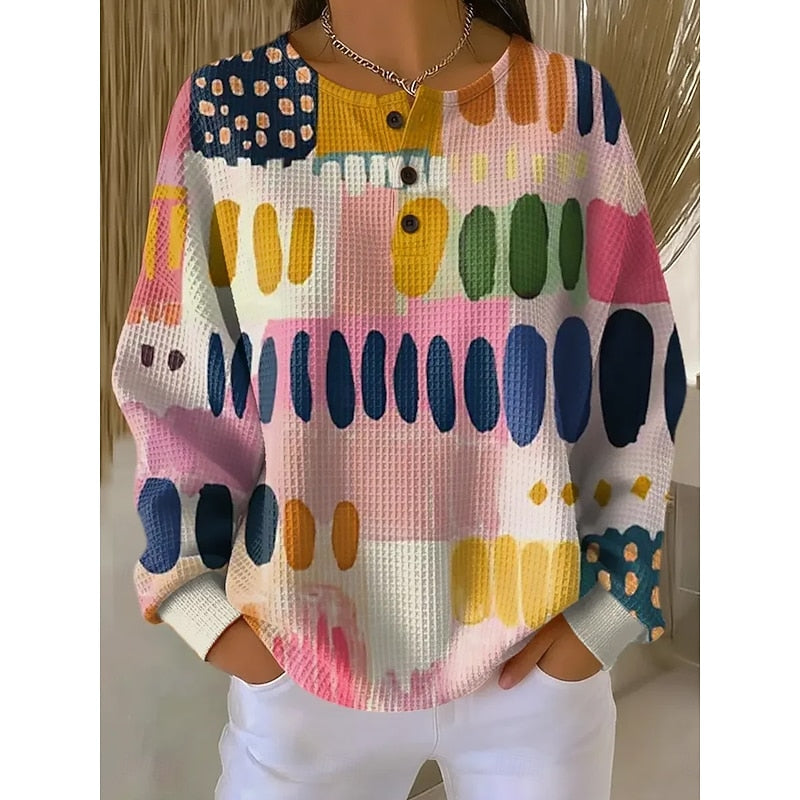 Kessoro women's printed button-neck crew sweatshirt in pink, yellow and green - view 1
