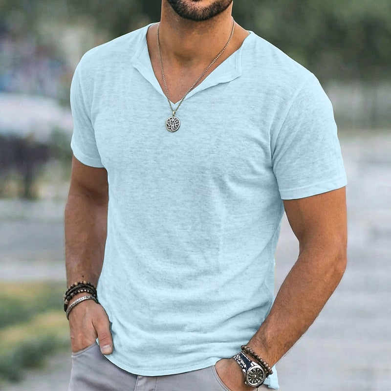 Men's relaxed-fit V-neck t-shirt in green, blue, white, purple and black, side view