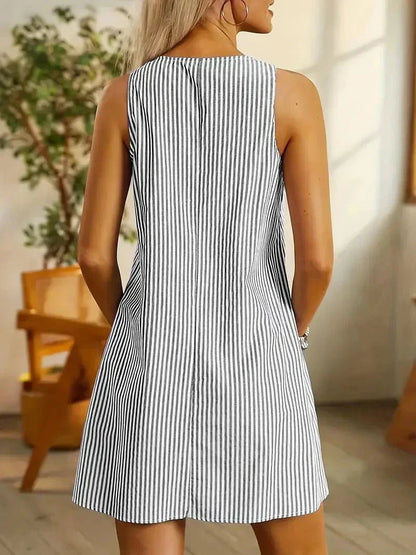 Women's striped relaxed fit mini dress with deep front pockets in black, pink, khaki or green