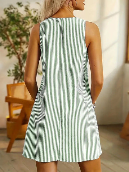 Women's striped relaxed fit mini dress with deep front pockets in black, pink, khaki or green