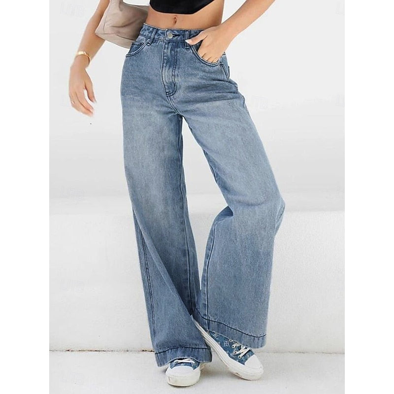 Kessoro women's high-waisted relaxed wide-leg jeans in classic blue denim washes