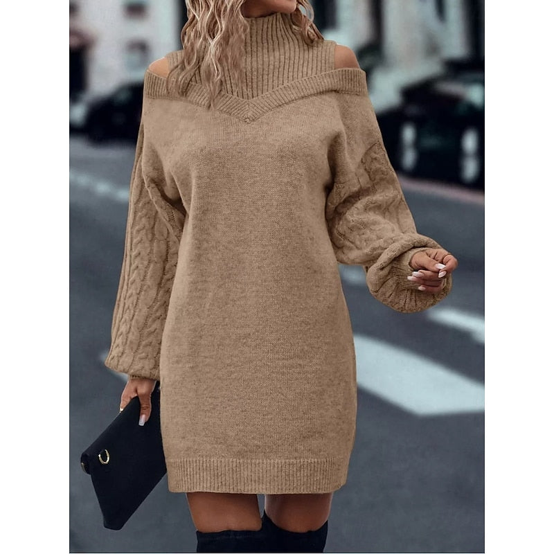 Kessoro women's cold-shoulder turtleneck sweater dress in a soft cozy knit
