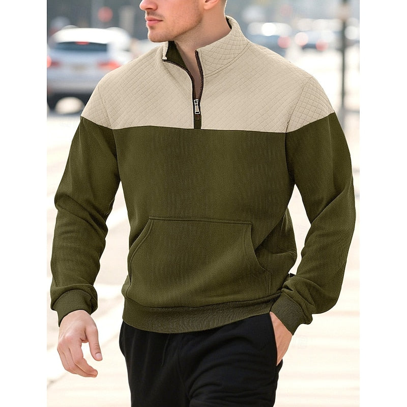 Kessoro men's textured quarter-zip color block sweatshirt in grey, army green, navy and khaki