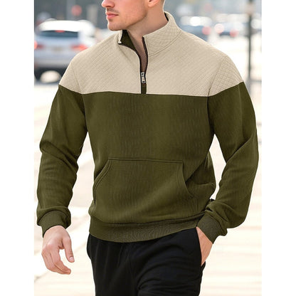 Kessoro men's textured quarter-zip color block sweatshirt in grey, army green, navy and khaki