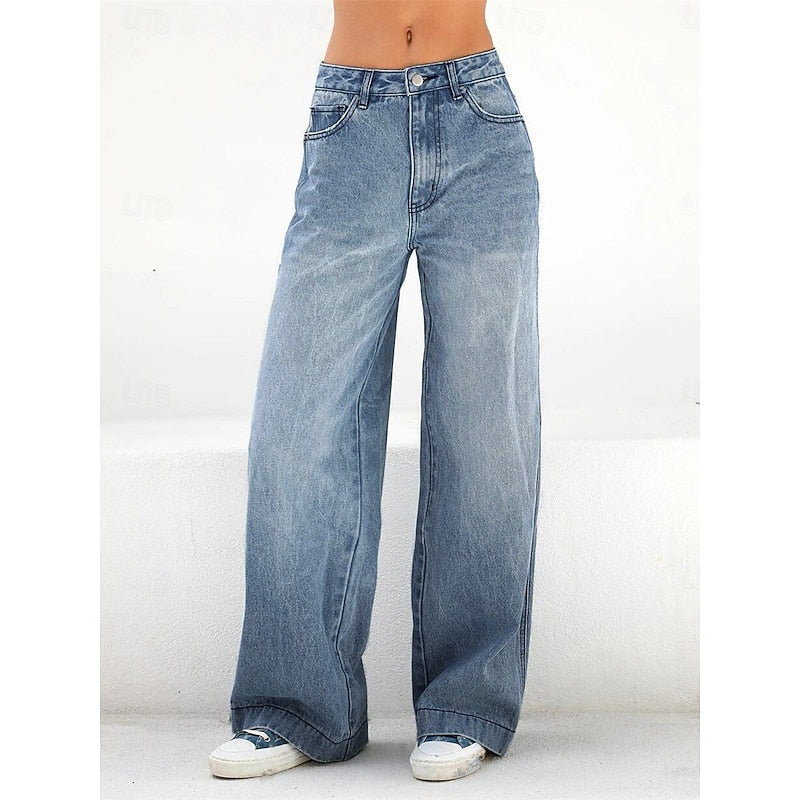 Kessoro women's high-waisted relaxed wide-leg jeans in classic blue denim washes