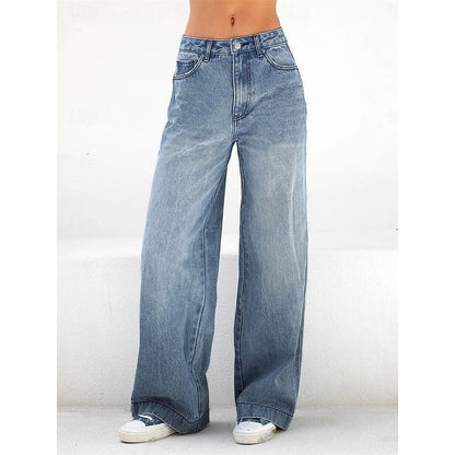Kessoro women's high-waisted relaxed wide-leg jeans in classic blue denim washes