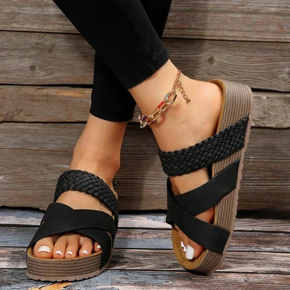 Women's braided vegan leather orthopedic sandal in neutral brown, white, black and beige