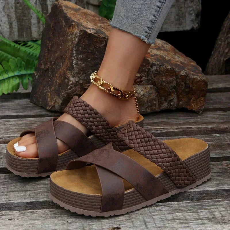 Women's braided vegan leather orthopedic sandal in neutral brown, white, black and beige
