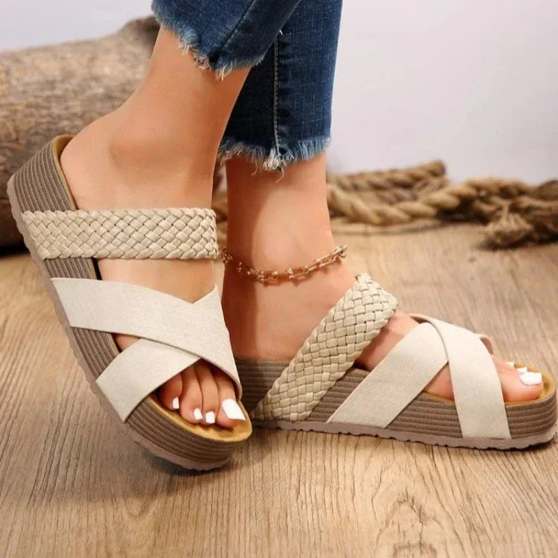 Women's braided vegan leather orthopedic sandal in neutral brown, white, black and beige
