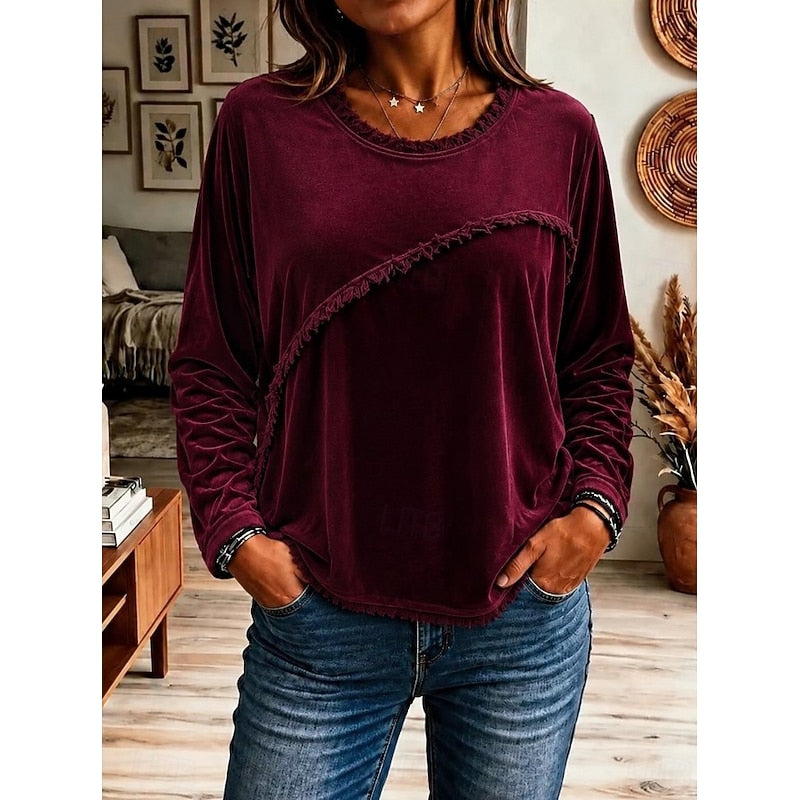 Kessoro fringe trim relaxed long sleeve tunic for women in Wine, view 1