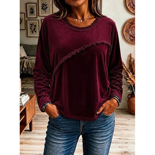 Kessoro fringe trim relaxed long sleeve tunic for women in Wine, view 1