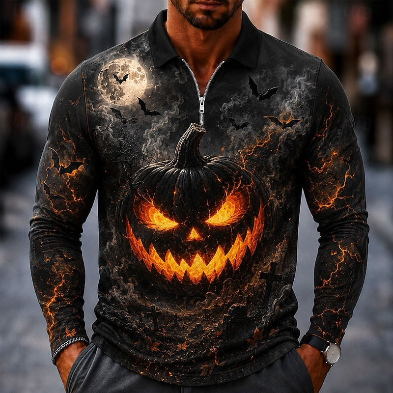 Kessoro Black Halloween pumpkin print quarter-zip long-sleeve polo shirt for men