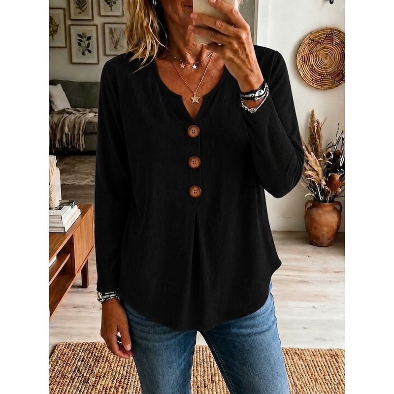 Women's ribbed buttoned V-neck top in blue, green, pink, black and white, back view