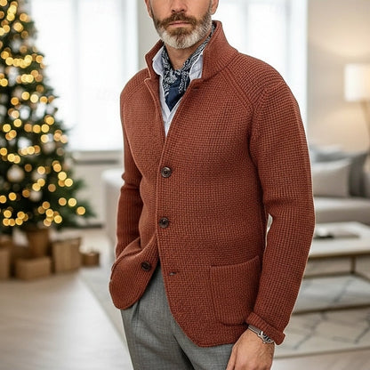 Kessoro men's waffle-knit stand-collar button cardigan in blue, navy or red brown